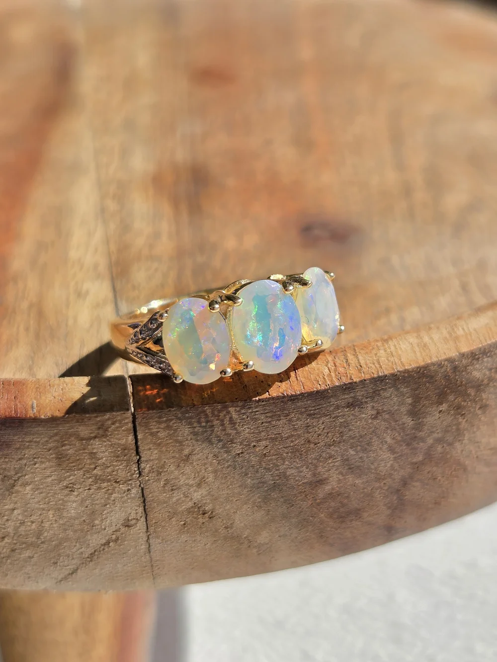 Gold Vermeil Sterling Silver Opal Triple Stone Ring White Opal Engagement Style